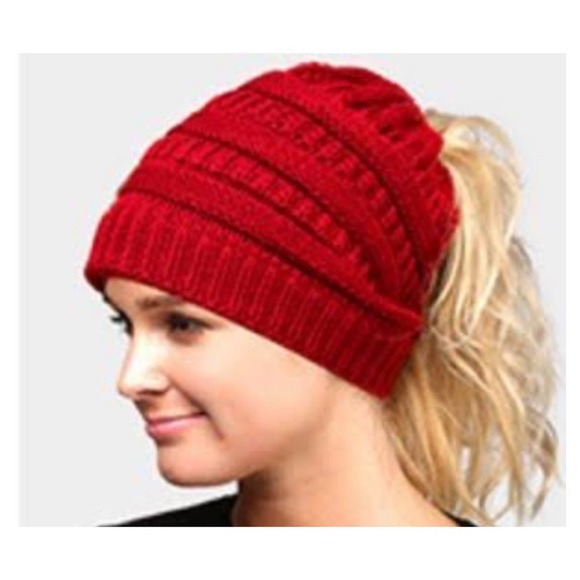 Beanie Knitted Headband Red Messy Bun Ponytail Crochet knitted Ponytail - Picture 3 of 3